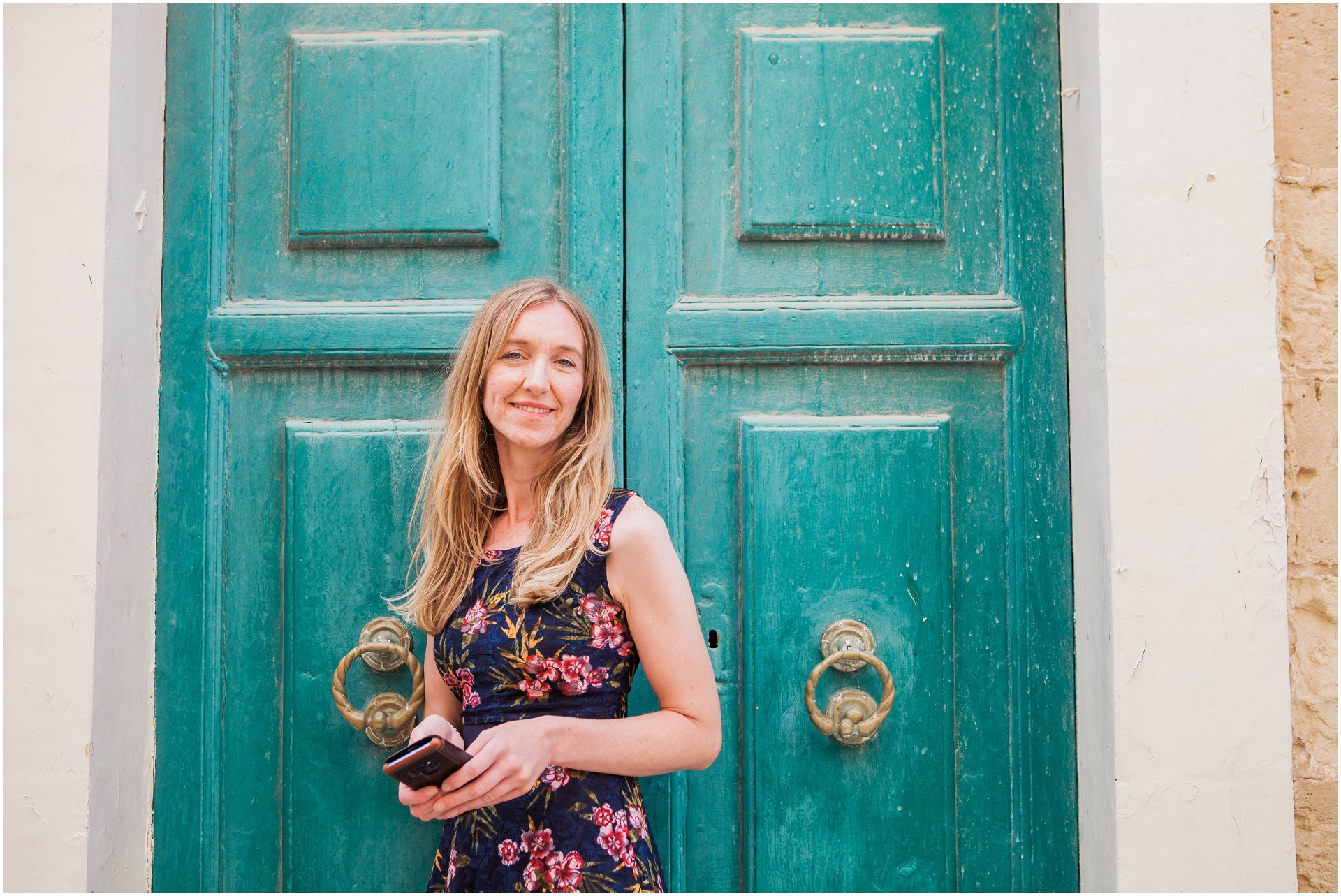 Mdina destination brand photography, Malta teal door, Laura from Tell My Story, image by London brand photographer and destination brand photographer AKP Branding Stories