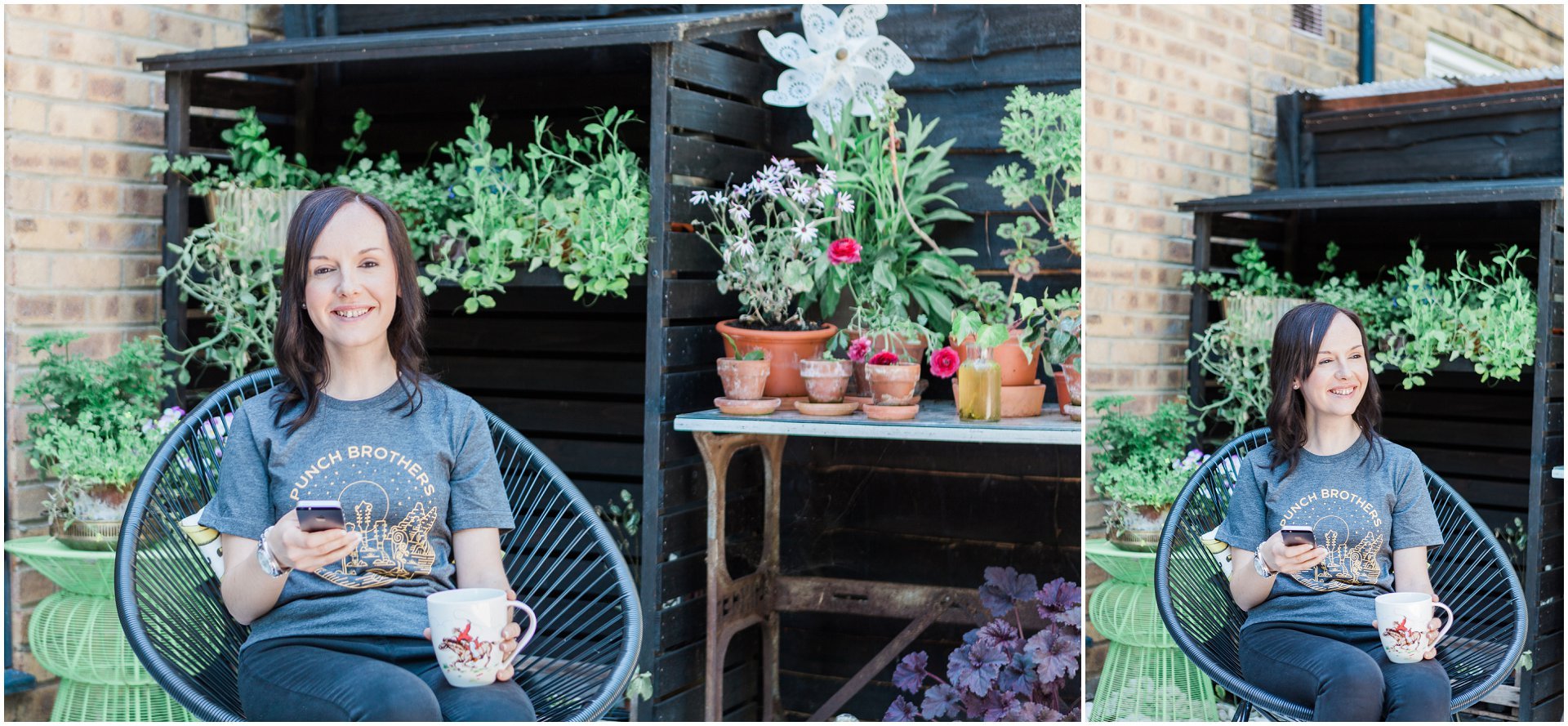 mini brand session with Erin Spurling at home in the garden with coffee, image by AKP Brand Photographer AKP Branding Stories