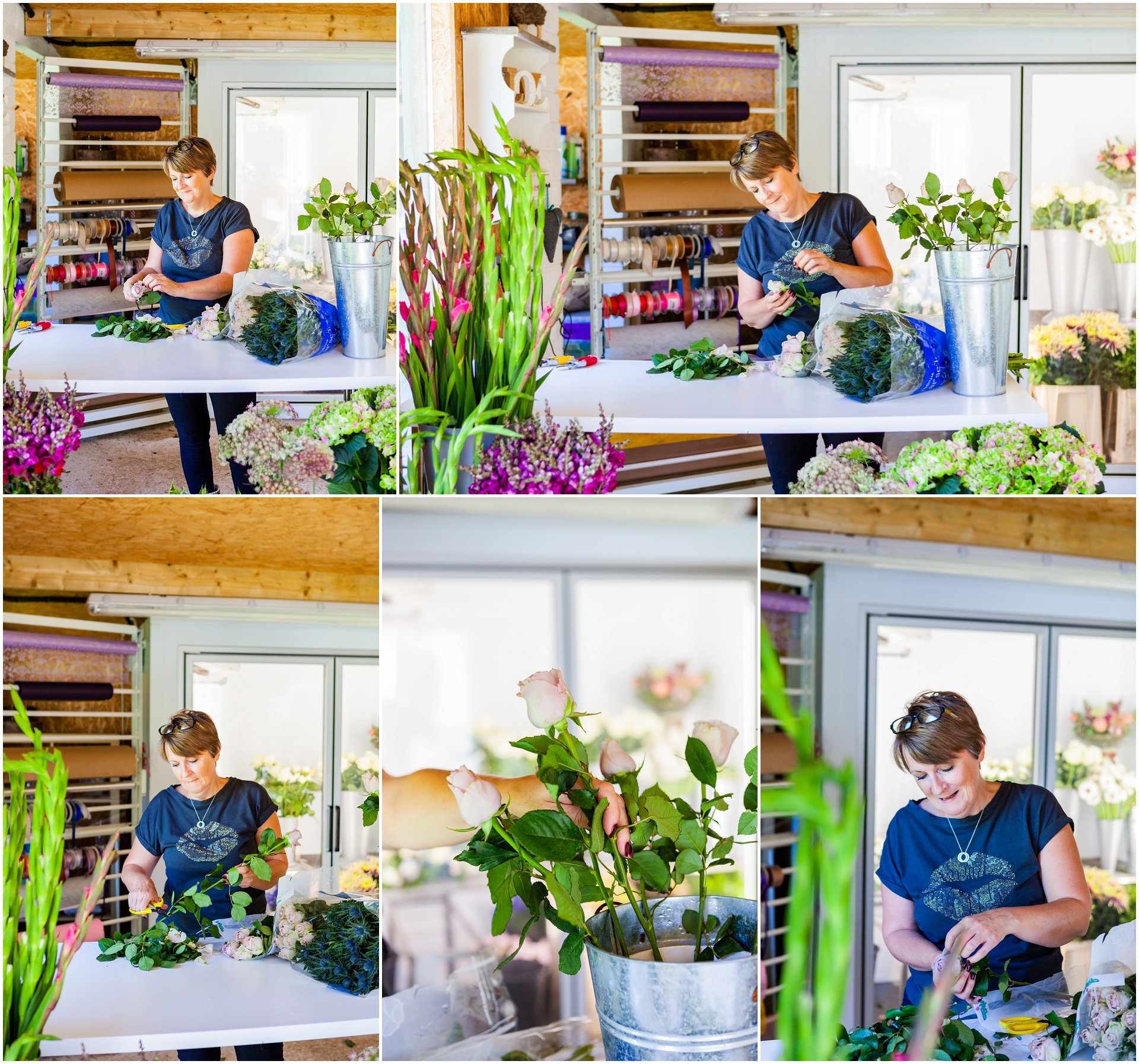 Florist Blooms by Julie conditioning flowers in her garden studio. Images by London brand photographer AKP Branding Stories