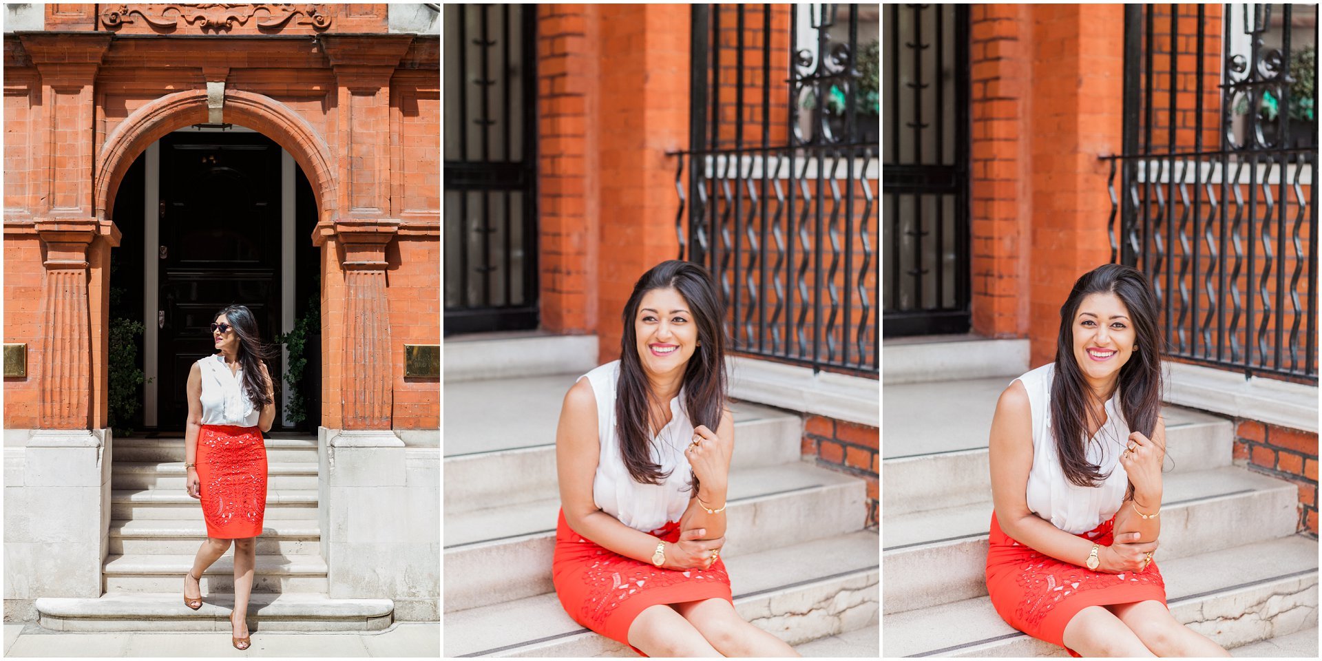 Female brand portrait sitting on steps in Chelsea. Image by London brand photographer AKP Branding Stories