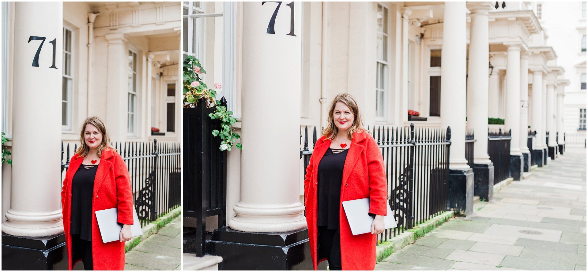 Belgravia London brand shoot with bright red umbrella for Claire Louise Branding. Images by London brand photographer AKP Branding Stories