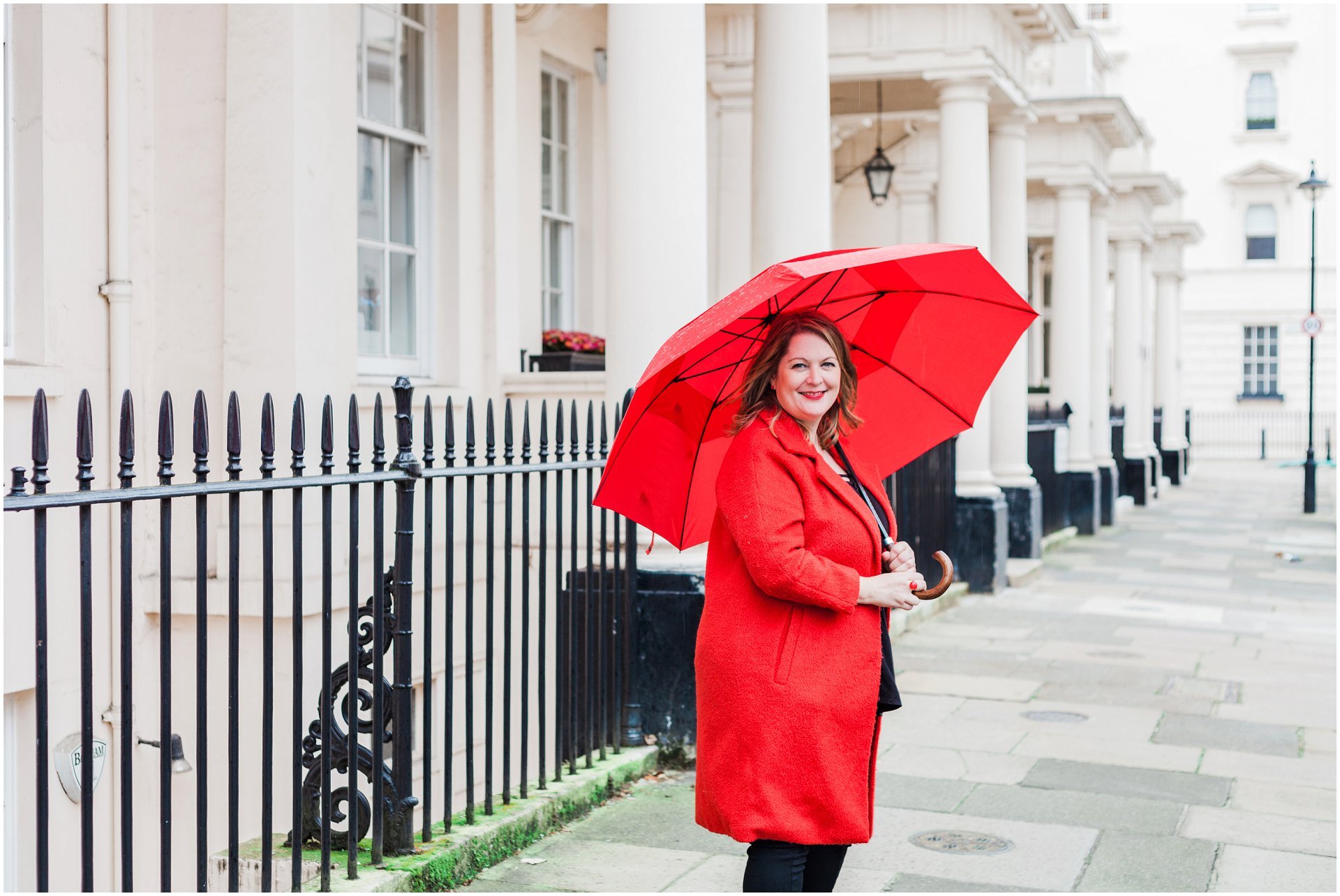 Belgravia London brand shoot with bright red umbrella for Claire Louise Branding. Images by London brand photographer AKP Branding Stories