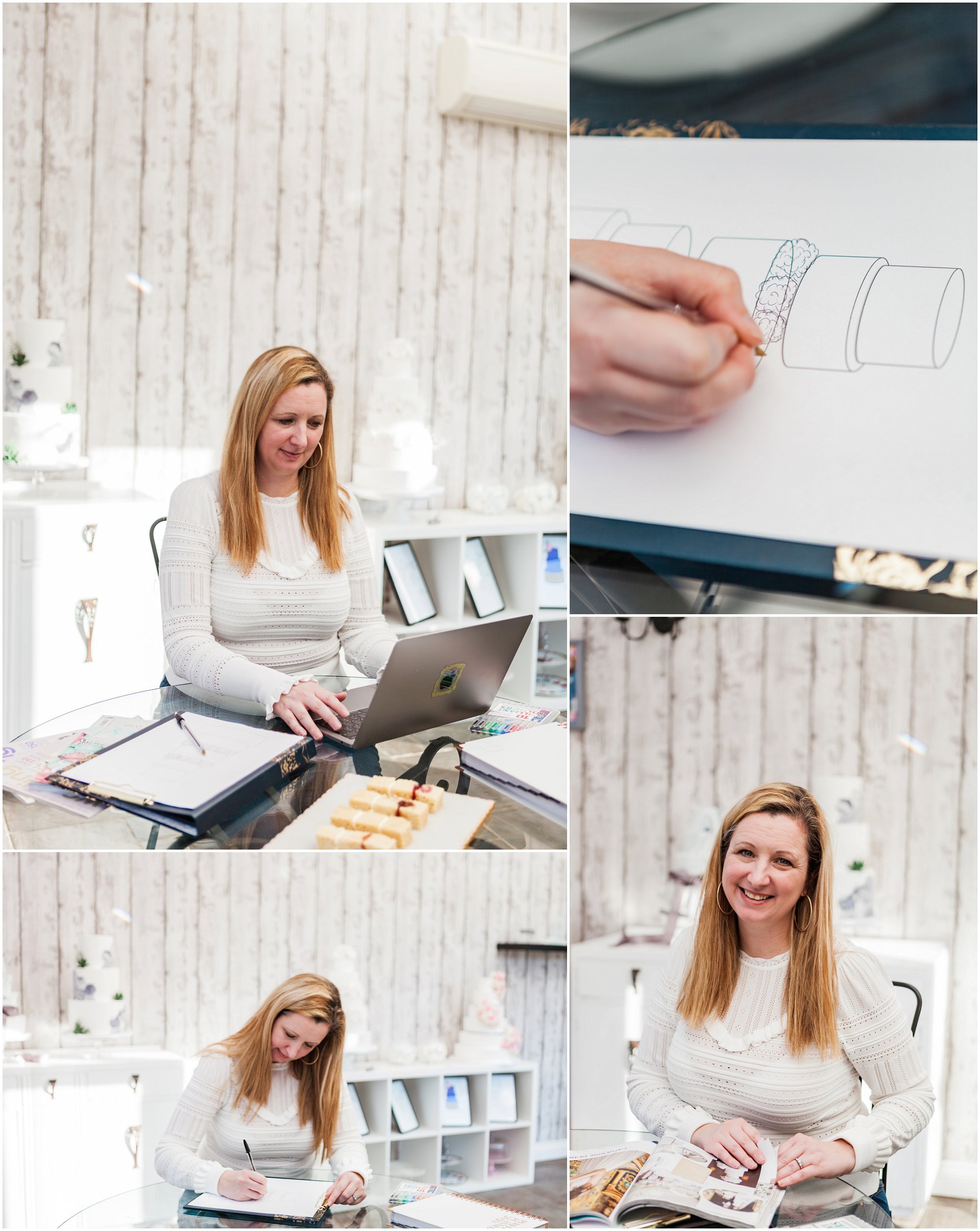 Images of Shelly Shulman, owner of La Belle Cakes sketching and designing wedding cakes. Images by London brand photographer AKP Branding Stories