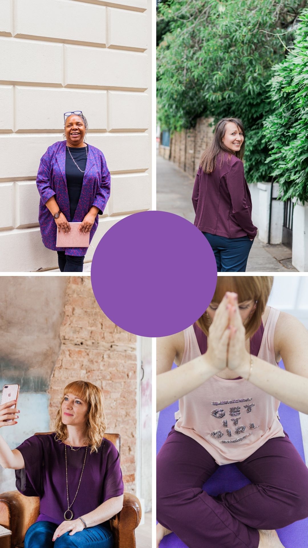4 images of ladies wearing purple for their brand shoot. images by London brand photographer AKP branding stories