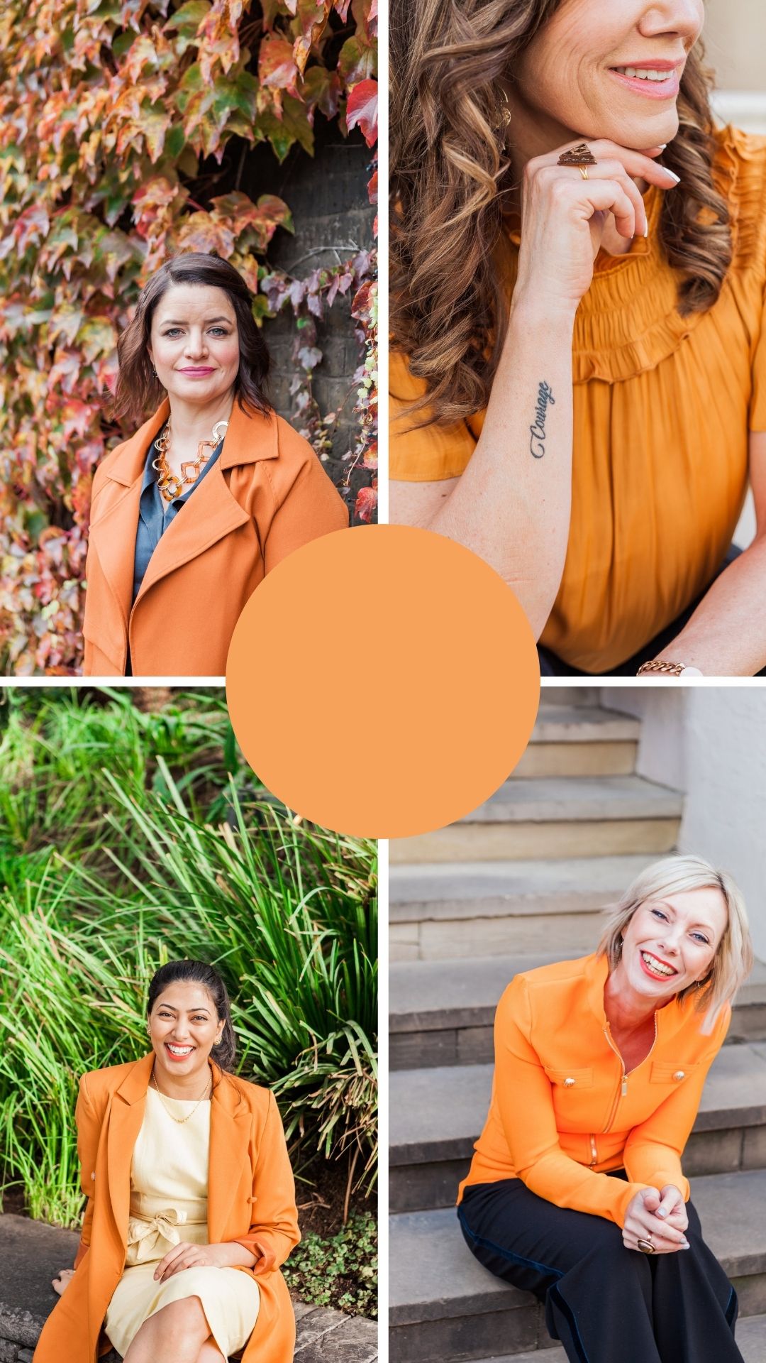 4 images of ladies wearing orange for their brand shoot. images by London brand photographer AKP branding stories