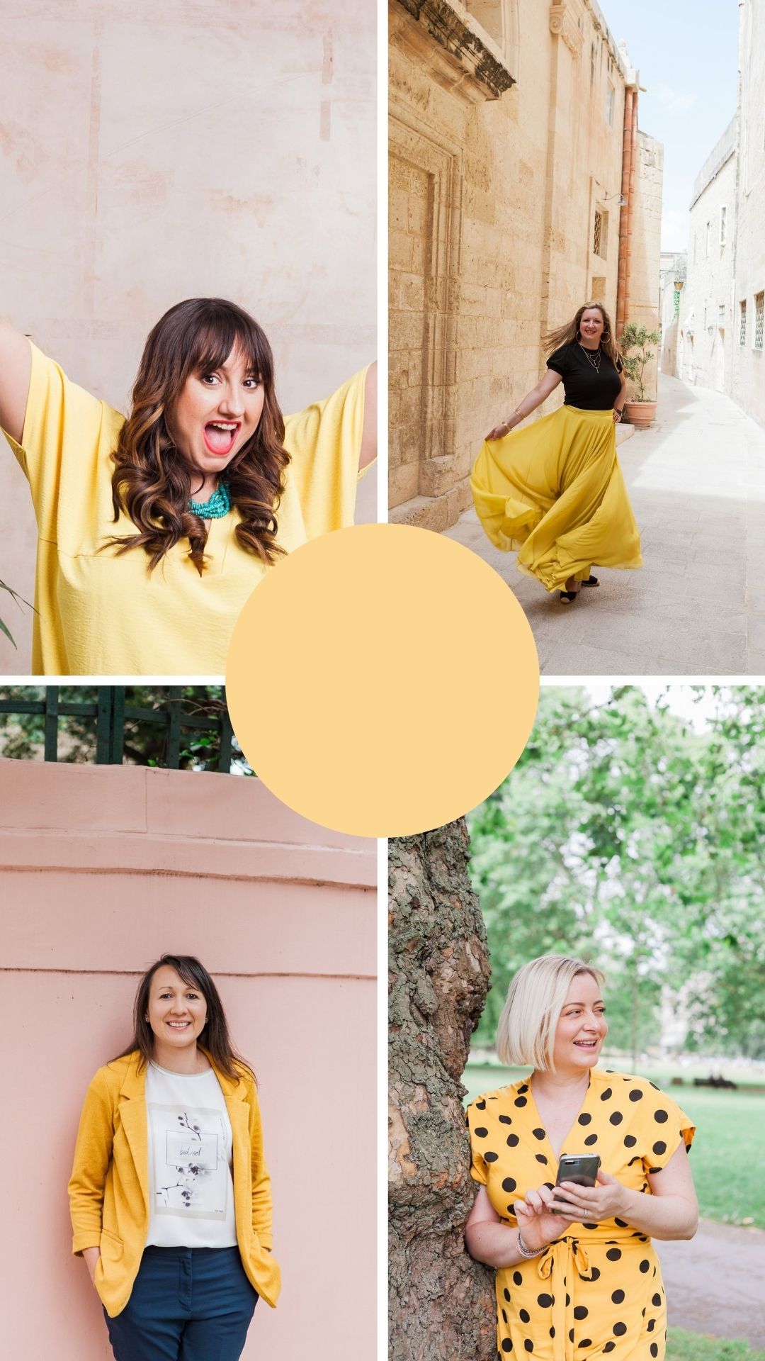4 images of ladies wearing yellow for their brand shoot. images by London brand photographer AKP branding stories