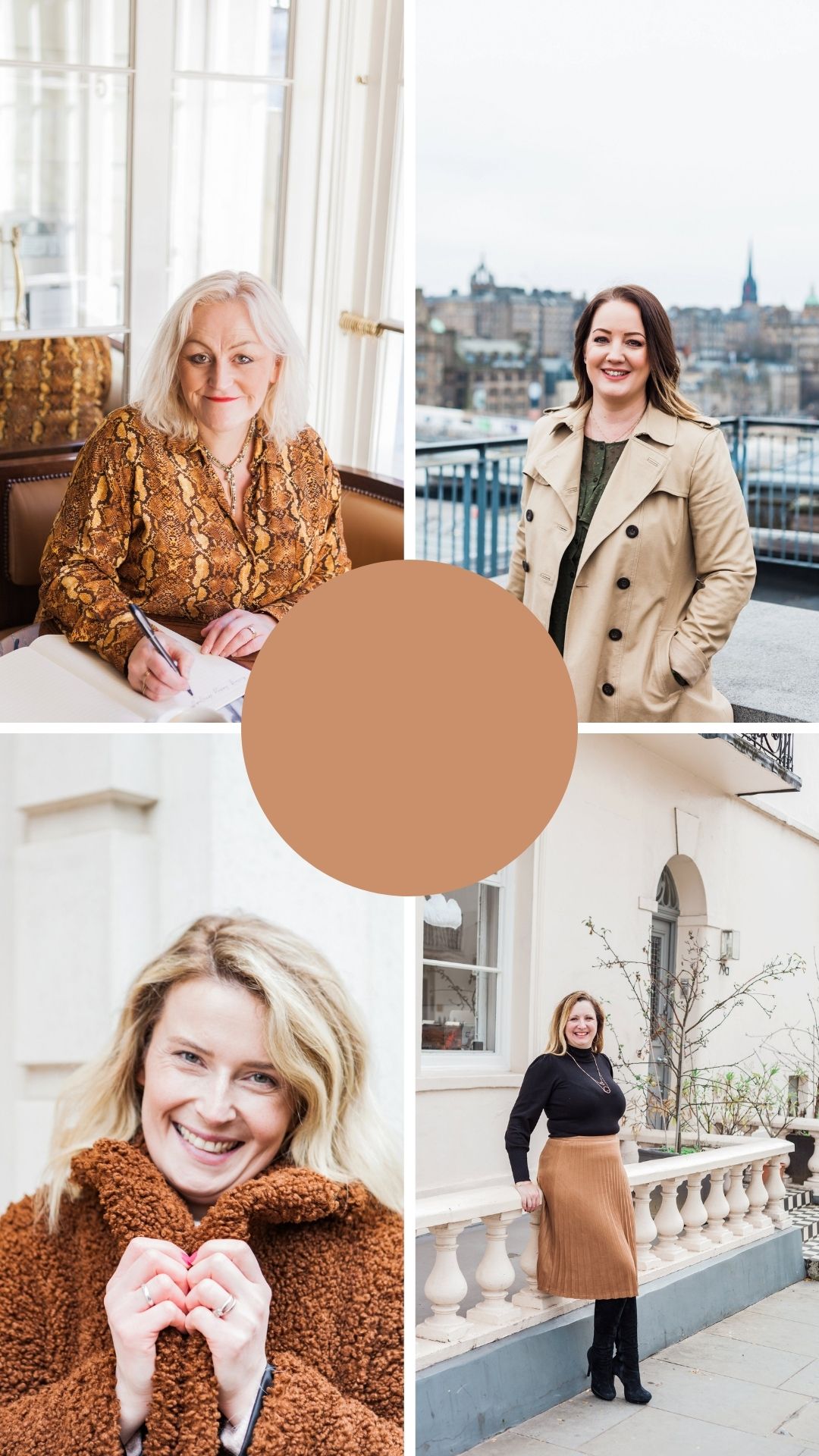 4 images of ladies wearing brown for their brand shoot. images by London brand photographer AKP branding stories