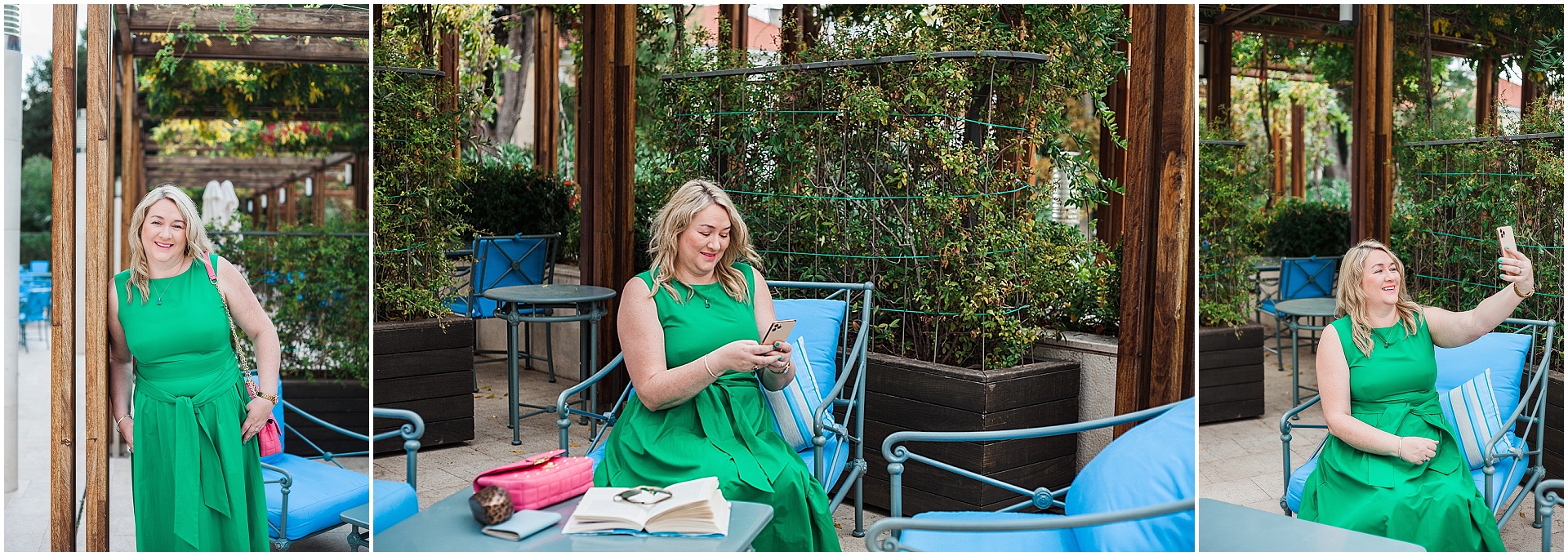 Croatia brand shoot of corporate strategist Carol Deveney. Three images where she is sat on a sun lounger working on her phone.. She is wearing a green dress and has shoulder length blonde hair. Image by destination brand photographer AKP Branding Stories