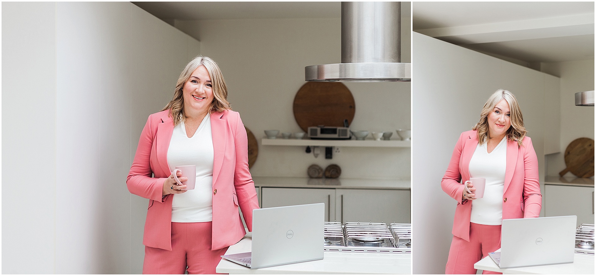 London brand shoot with corporate strategist Carol Deveney. She is wearing a pink trouser suit and a white blouse, working at a laptop in a kitchen. Images by London brand photographer AKP Branding Stories