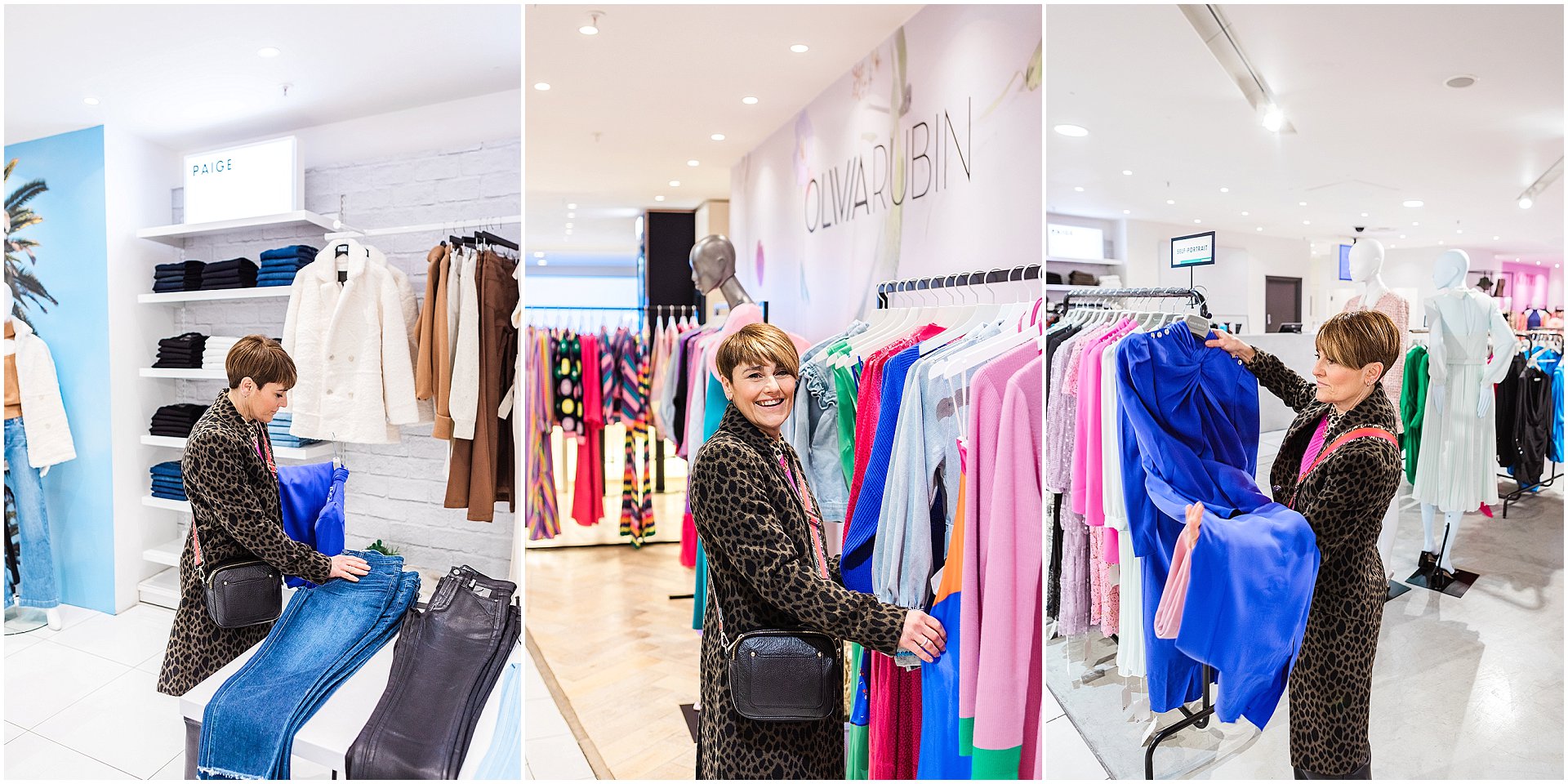 Stylist choosing outfits in a department store to help a client with what to wear on their brand shoot. Images by London brand photographer AKP Branding Stories