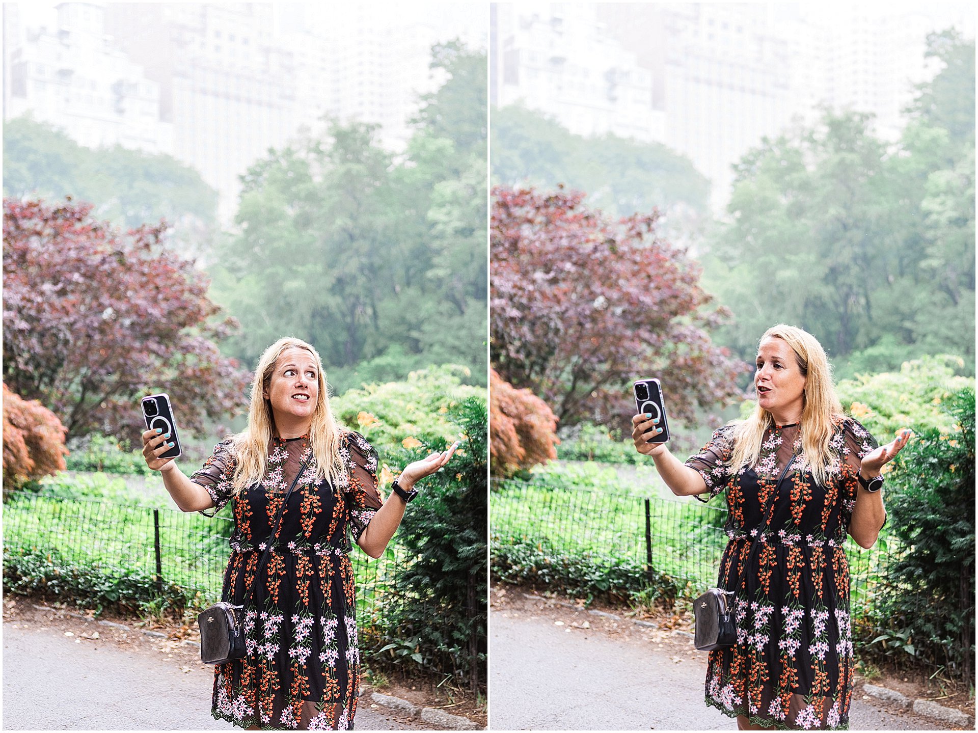 SEO Expert Claire Taylor is stood in Central Park for her New York Brand Shoot wearing a patterned shift dress. Image by London brand photographer AKP Branding Stories