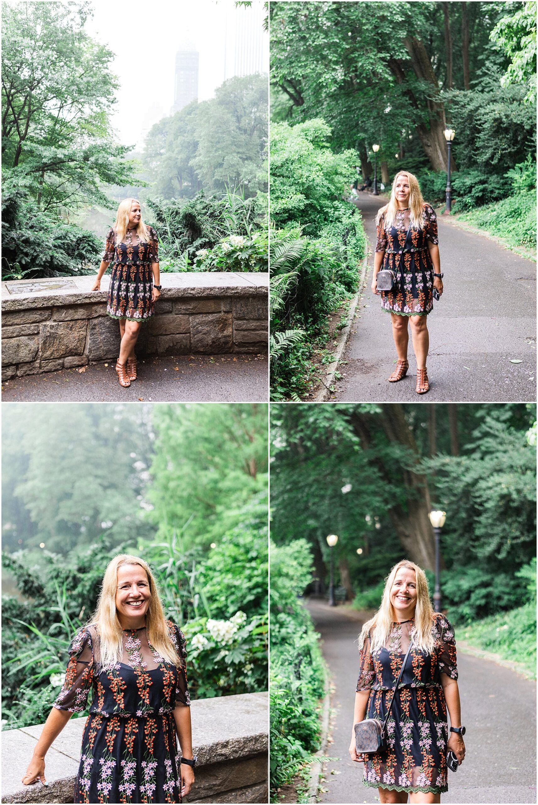SEO Expert Claire Taylor is stood in Central Park for her New York Brand Shoot wearing a patterned shift dress. Image by London brand photographer AKP Branding Stories