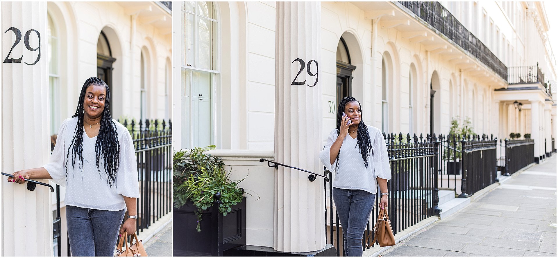 Wedding planner Natasha is walking down a street in London.  She is a black lady wearing jeans and a pink blazer. Mini shoot images by London brand photographer AKP Branding Stories