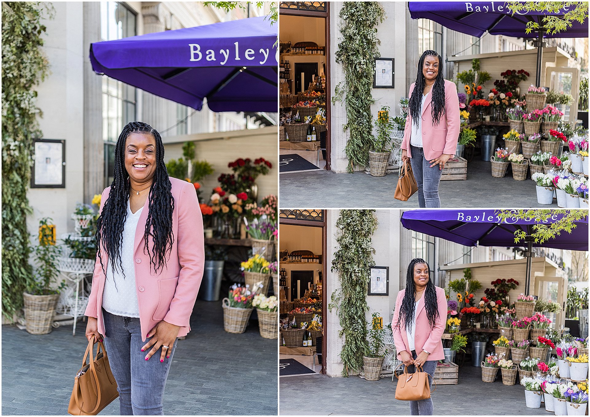 Wedding planner Natasha is stood outside a florist in London.  She is a black lady wearing jeans and a pink blazer. Mini shoot images by London brand photographer AKP Branding Stories