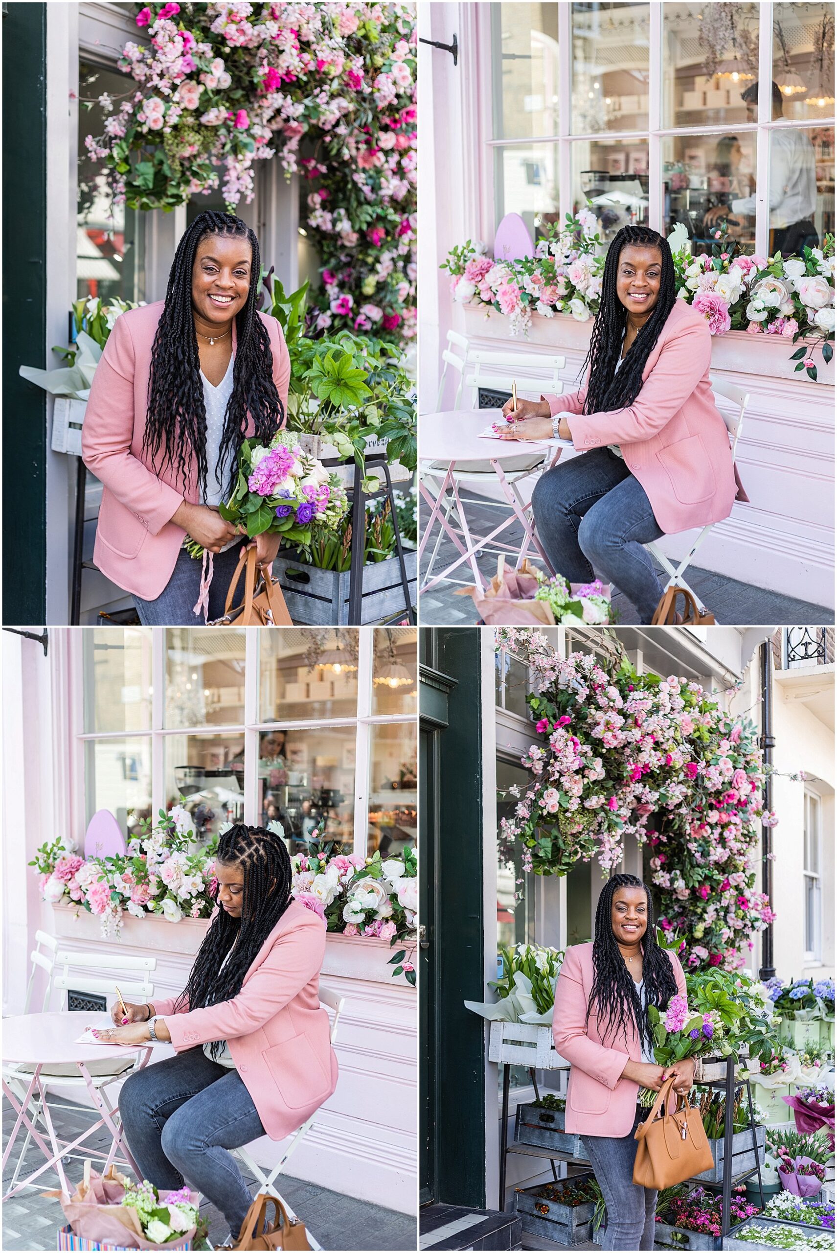 Wedding planner Natasha is stood outside a florist and working in a cafe.  She is a black lady wearing jeans and a pink blazer. Mini shoot images by London brand photographer AKP Branding Stories